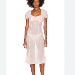 LOBA sheer Pink Midi Dress April Pastel Pink puff sleeves lingerie Revolve S